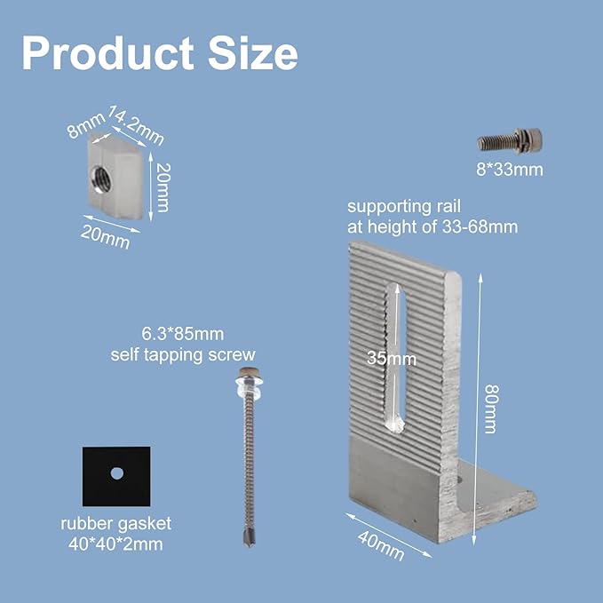 8PCS L-Foot Solar Mounts with Screws and Accessories, Heavy-Duty Aluminum Alloy Photovoltaic Panel Mounting Bracket, Photovoltaic Mount, Waterproof Solar Panel Bracket for Roof PV System