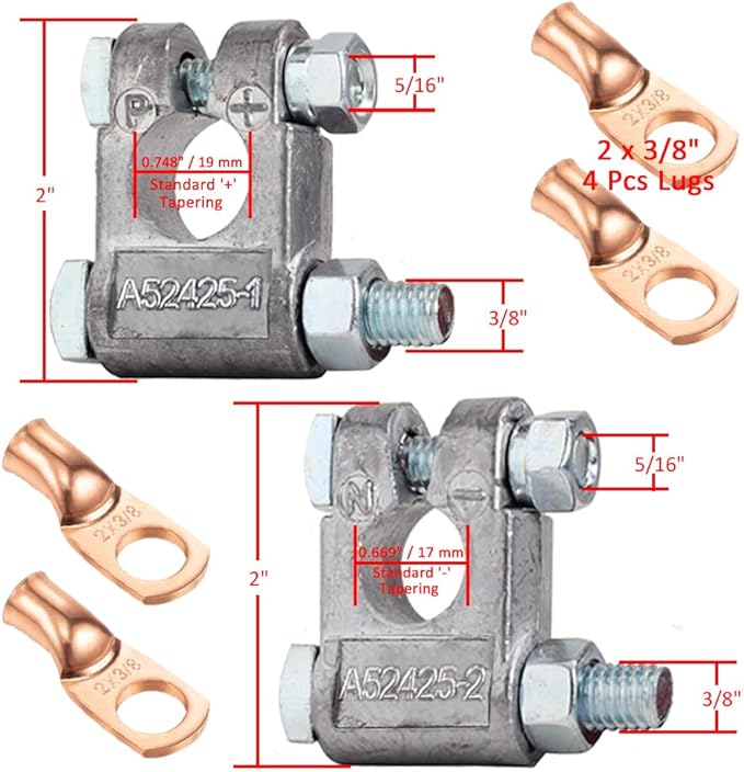 Ampper Military Spec Battery Terminal Top Post Kit with Cover, 4 Copper Lugs and Heatshrink for Marine Car Boat RV Vehicles and More (Kit)