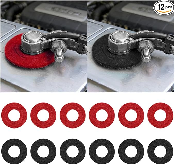 12PCS Car Battery Terminal Protector, Fiber Felt Vehicle Battery Terminal Corrosion Prevention Washer, Anti-Corrosion Batteries Shim Cleaner Kit, Universal for Most Vehicles (Red/Black)