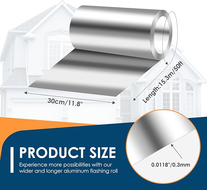 Aluminum Roll Flashing, 12'' x 50' Metal Roofing Roll for Roof and Garden, Prevents Roofing Stains, 0.019-inch/0.3 mm Thickness (26GA) Roof Strip for Moss and Mildew Prevention