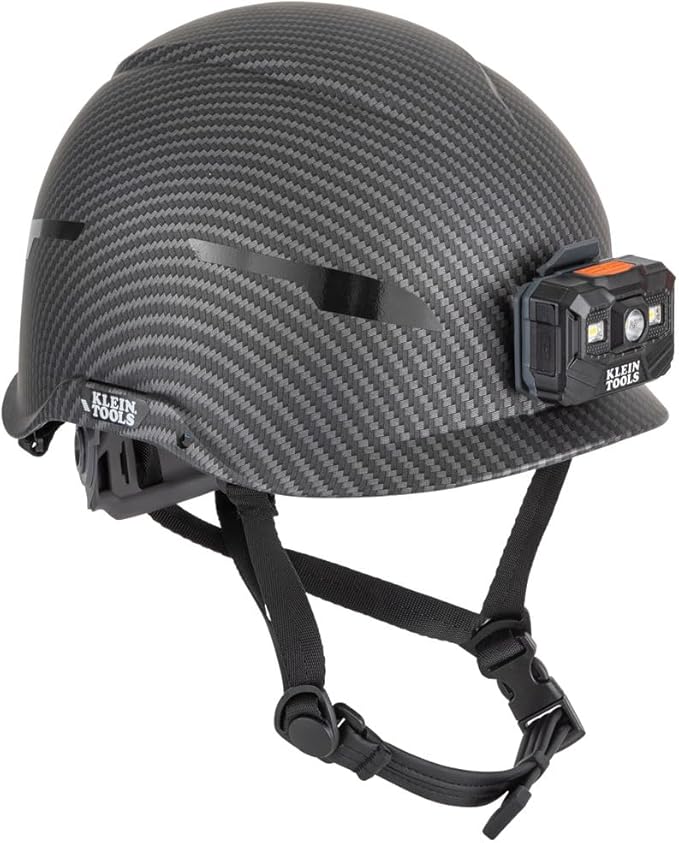 Klein Tools 60515 Safety Helmet, Non-Vented Class E with Rechargeable Lamp and Chin Strap, Premium KARBN Pattern, Tested up to 20kV