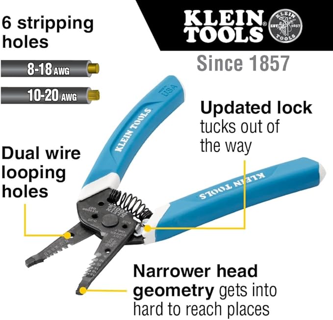 Klein Tools K11095 Klein-Kurve Wire Stripper and Cutter, Made in USA, for 8-18 AWG Solid and 10-20 AWG Stranded Wire