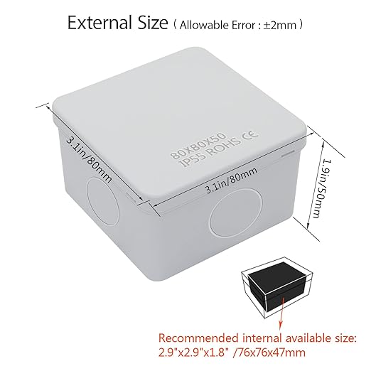LeMotech Junction Box, Electrical Box IP65 Water Resistant Dustproof ABS Plastic Project Enclosure for Electronics White 3.1 x 3.1 x 1.9 inch