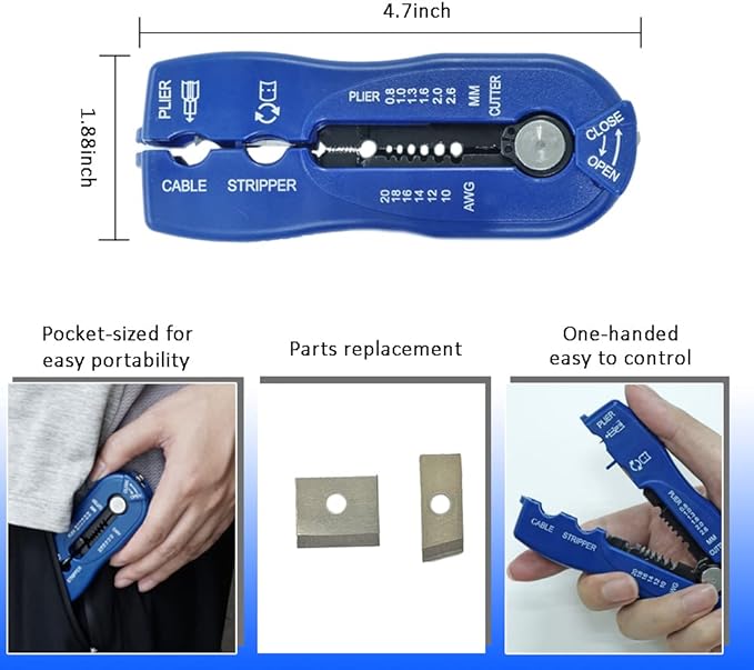 ORX PLUS TOOLS DIY Cables/Wires Stripper 10-20 AWG(0.8-2.6mm²),Wire Cutter, Round Cable Stripper & Safety Retractable Cutter Kit for Electronic and Automotive Repair
