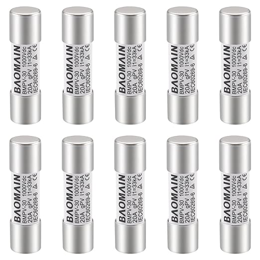 Baomain 10-Pack gPV Solar PV Fuse 20A 1000V DC, 10x38mm, 33kA Breaking Capacity, CE Listed for Photovoltaic Systems, Combiner Boxes (20 Amp.)