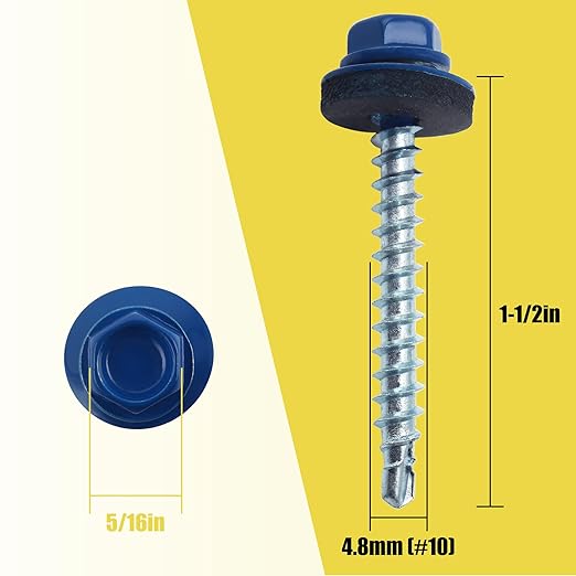 250pcs #10 x 1-1/2" Blue Hex Head Self-Drilling Metal Roofing Screws, EPDM Washer, Colored Head, Wood Screws, Sheet Metal Roof Screw with Hex Driver Bit (Blue, 1-1/2 in)