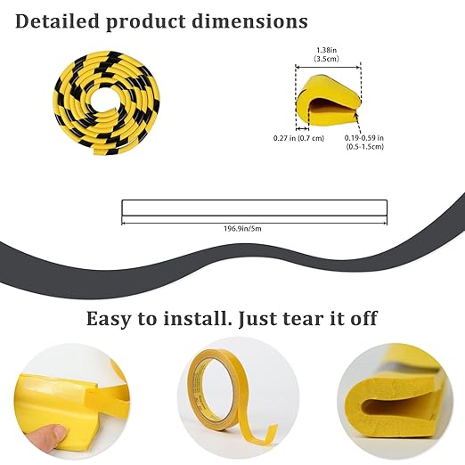 Rubber Corner Guards, Wall Corner Protector 196.9in (5m), Heavy Duty Yellow & Black NBR Rubber Safety Bumper Padding, Self Adhesive for Warehouse Racks, Shelves, Garage & Equipment Protection