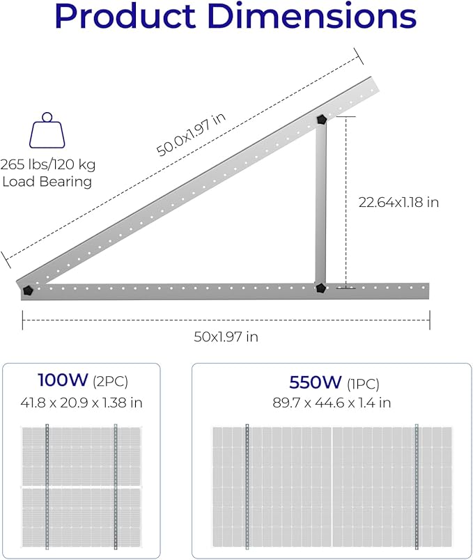 Renogy 50in Adjustable Solar Panel Mount Brackets with Foldable Tilt Legs on Any Flat Surface for RV, Roof, Boat, Supports Up to 320W, Over 160W Renogy N-Type Panels or 2 x 100W Panels