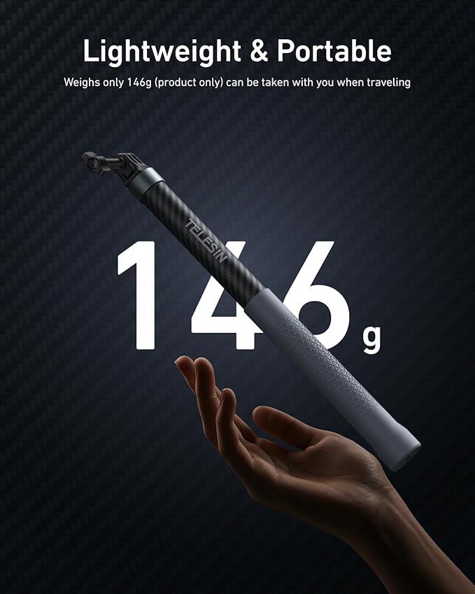 TELESIN Selfie Stick Long Pole Invisible for GoPro (120cm/47.2in), Carbon Fiber Waterproof Extension Monopod for GoPro 13 12 11 10 DJI Osmo Nano Action 6 5 Pro 4 Pocket 3 Insta360 X5 X4 GO3 Ace Pro 2