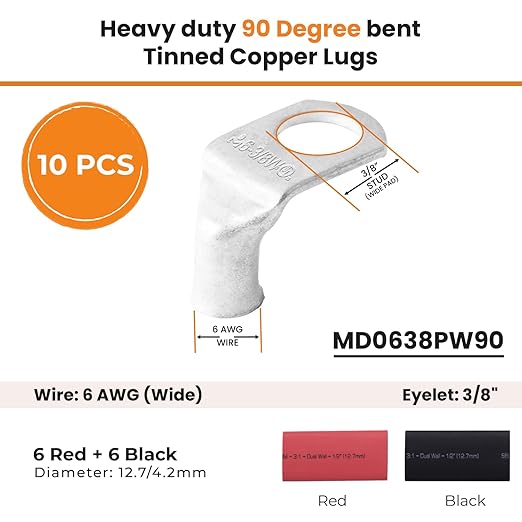 SELTERM 10pcs - 6 AWG 3/8" (Wide Pad) Stud- 90° Bent Battery Lugs- Ring Terminal Connectors with 12pcs 3:1 Black & Red 1/2" Heat Shrink Tubing - Heavy Duty Cable Ends- Tinned Copper Wire Connector Kit