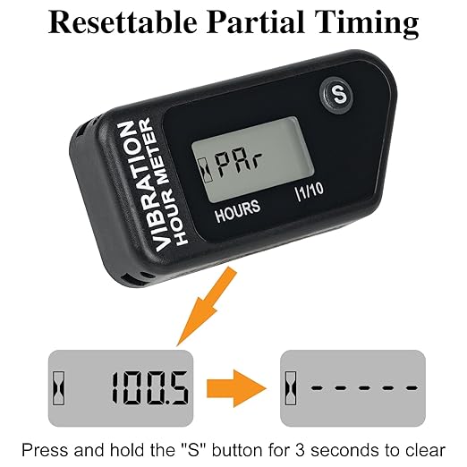 LCD Digital Hour Meter Gauge Vibration Activated,Waterproof Design,for All Vibrating Machine,Air Compressor,Generator,Lawn Mower,Motorcycle,Chainsaw (Black)