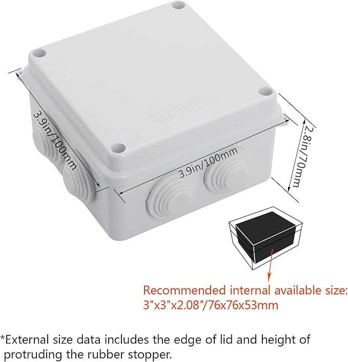 LeMotech ABS Plastic Dustproof Waterproof IP65 Junction Box Universal Electrical Project Enclosure White 3.9 x 3.9 x 2.8 inch (100 x 100 x 70 mm)(Pack of 2)