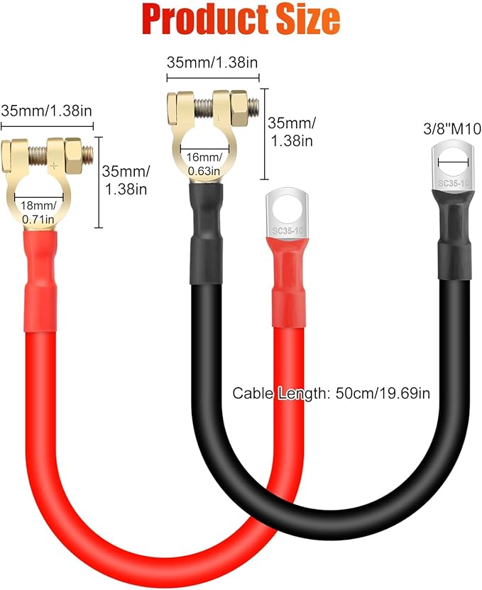 Linkstyle 2PCS 2 AWG 20 Inch Battery Cables with 3/8" Ring Terminals & Battery Terminal Clamps, 50CM Heavy Duty Battery Inverter Wire Set for Marine, Solar Panels, Car, Truck, RV