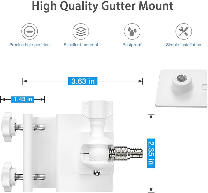 Gutter Mount for Ring Solar Panel, No-Drill Mount for Arlo, Eufy, Reolink Solar Panel for Maximum Sunlight Exposure (White, 2 Pack)