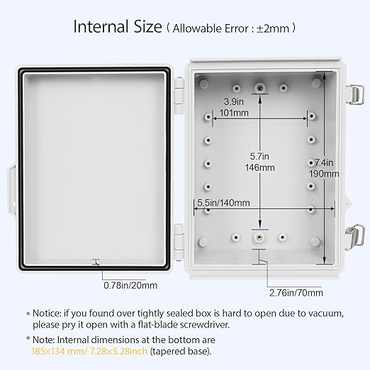 LeMotech Electrical Box, IP67 Waterproof Hinged Cover Stainless Steel Latch Junction Box, ABS Plastic Electrical Enclosure with Mounting Plate,Wall Brackets, Cable Glands, 8.2"x6.3"x3.9", Grey