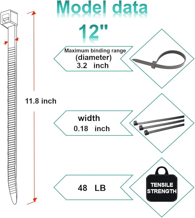 Zip Ties, Cable Ties, 1000Pcs 12Inch 48Lb Tensile Strength Black Premium Self-Locking Nylon Zip Ties For Home Office, Garden, Workshop Fences