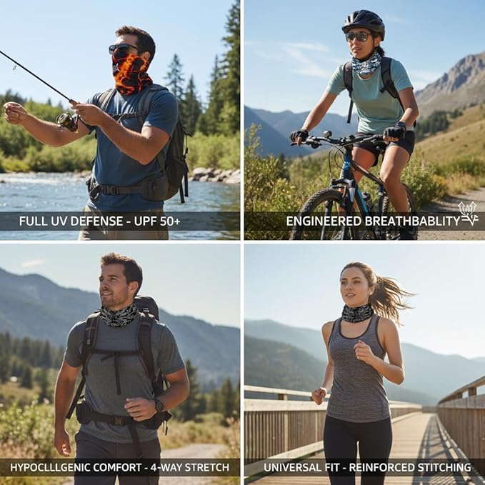UPF 50 Sun Protection Neck Gaiter - 13-in-1 Multifunctional Face Cover for Hiking, Fishing, Cycling