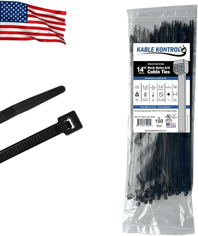 Kable Kontrol Made in USA Cable Zip Ties, 100 Pcs 14 Inch Black, 50 Lbs Tensile Strength, Self-locking UV Resistant Plastic Nylon Wire Ties, for Indoor or Outdoor Use