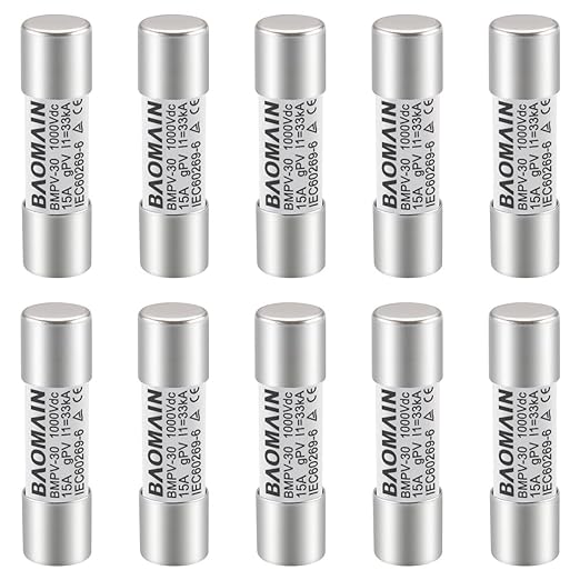 Baomain 10-Pack gPV Solar PV Fuse 15A 1000V DC, 10x38mm, 33kA Breaking Capacity, CE Listed for Photovoltaic Systems, Combiner Boxes (15 Amp.)