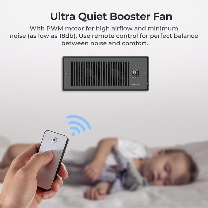 Quiet Register Booster Fan Fits 4" x 12" Register Holes, 10-Speed Smart Heating Cooling AC Vent Fan with Remote Control and Thermostat Control - Black