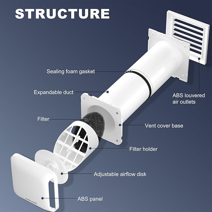 4 Inch Square Passive Air Vent, Adjustable Airflow Ventilation Kit with Extendable Duct - Natural Fresh Air Exchange for Home, Bedroom, Attic (No Motor)