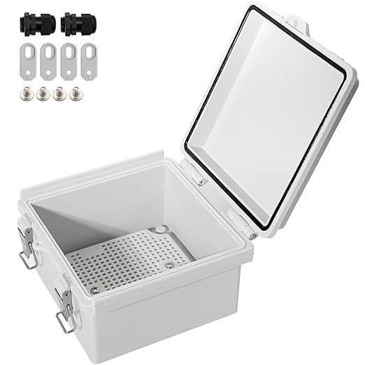 MAKERELE Small Electrical Junction Box Outdoor Weatherproof Gray Shell and IP67 ABS Grade Plastic with Hinged Cover, Mounting Plate,Wall Bracket,Stainless Steel Buckle and 1/4" NPT*2 (5.9"×5.9"×3.5")
