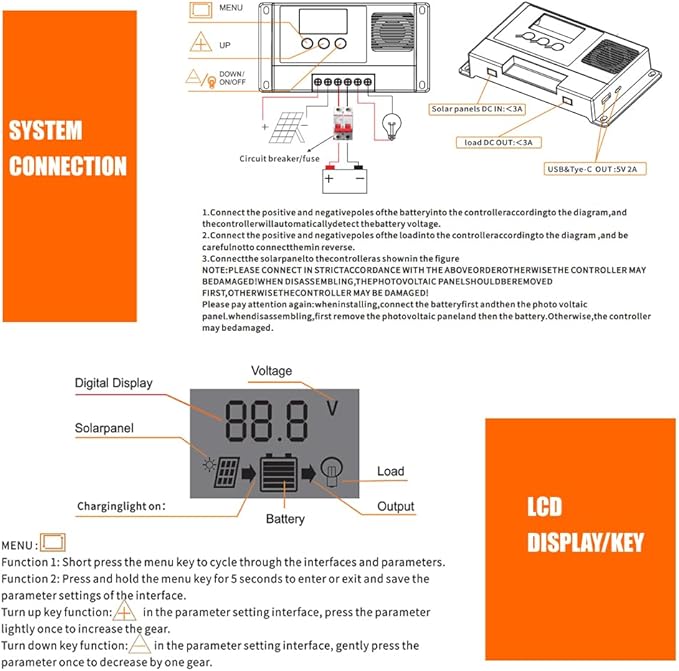 Solar Charge Controller 12V 30A, Solar Panel Charge Controller with Type-C and USB Output for Solar Panel and Gel, AGM, LiFePO₄ Battery