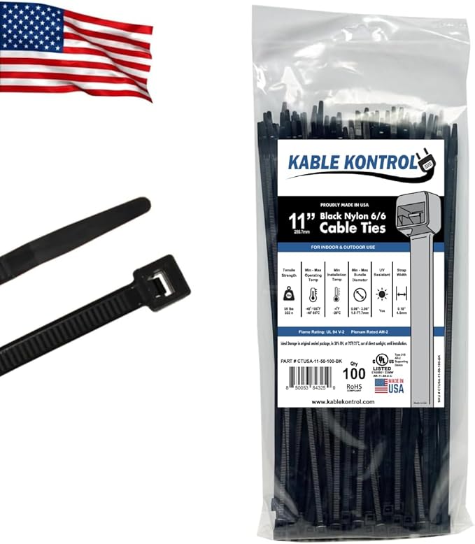 Kable Kontrol Made in USA Cable Zip Ties, 100 Pcs 11 Inch Black, 50 Lbs Tensile Strength, Self-locking UV Resistant Plastic Nylon Wire Ties, for Indoor or Outdoor Use