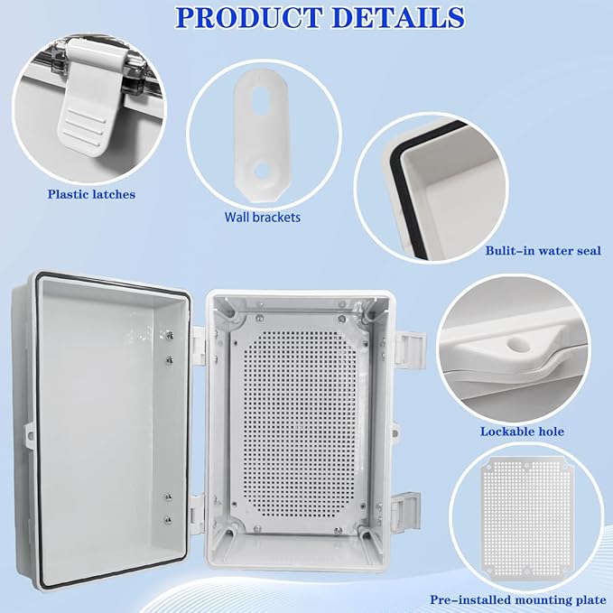 Waterproof Electrical Box Dustproof Junction Box Weatherproof IP67 ABS Plastic Enclosure Switch Router Project Box with Mounting Plate with Wall Bracket 2 Cable Glands Grey 11.8"x7.9"x6.7"