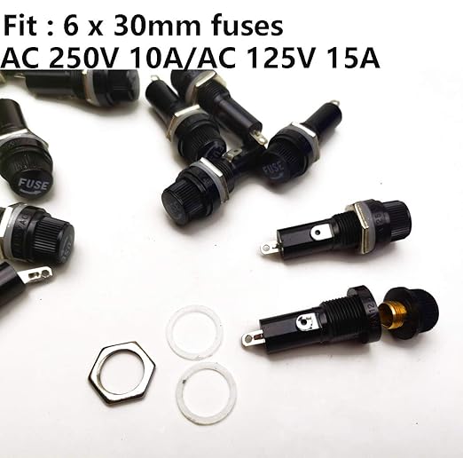 20Pcs Black Fuse Holder with Screw Cap for Fuse Insert, Panel Mounted, AC 250V 10A/125V 15A, for Solar Panel, Solar Controller, Boat Fuse Panel, Radio, Auto Stereo, Relay (6x30mm)