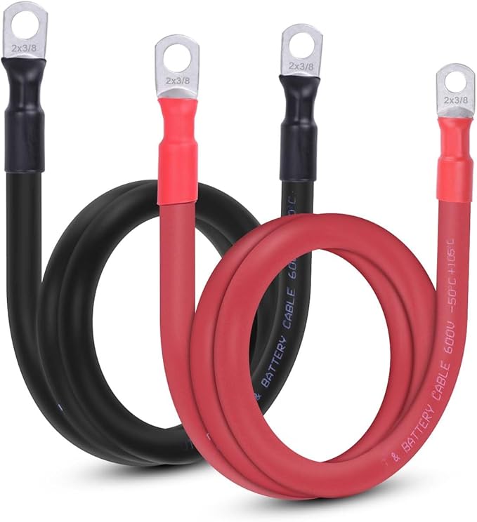 2 AWG Flexible Battery Cable with 3/8" Terminals - OFC Pure Copper Inverter & Welding Wire for Automotive Solar RV Motorcycle (Red + Black 3FT Pair)