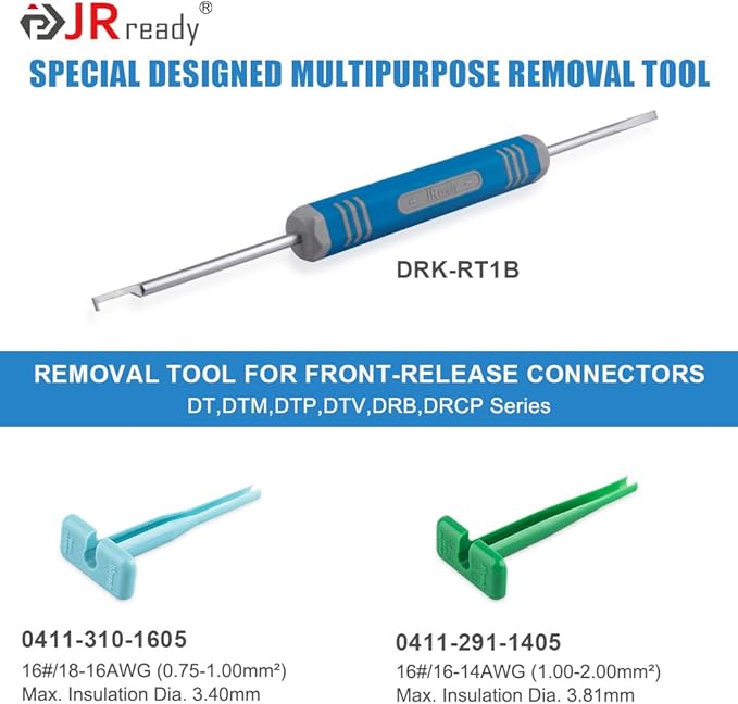 JRready Deutsch Crimp Tool ACT-LY-16DT with 2 3 4 6 8 12Pin DT Connector 1Kit 35Pairs Stamped Contacts, 3 PCS deutsch pin removal tools ST6341-16DT