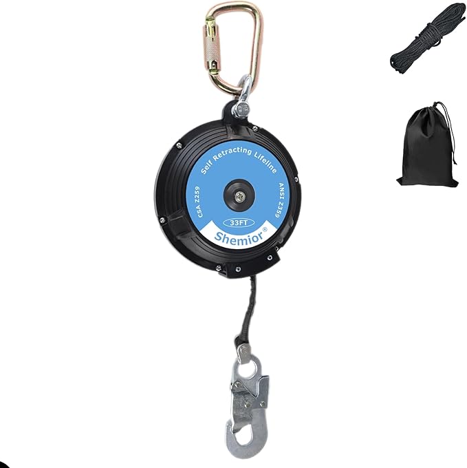 33FT Web Self Retracting Lifeline, Shemior No Tangle Lightweight Housing SRL, Self Retractable Safety Lanyard, Fall Arrest Protection PPE Gear for Roofing Construction, OSHA/ANSI Compliant