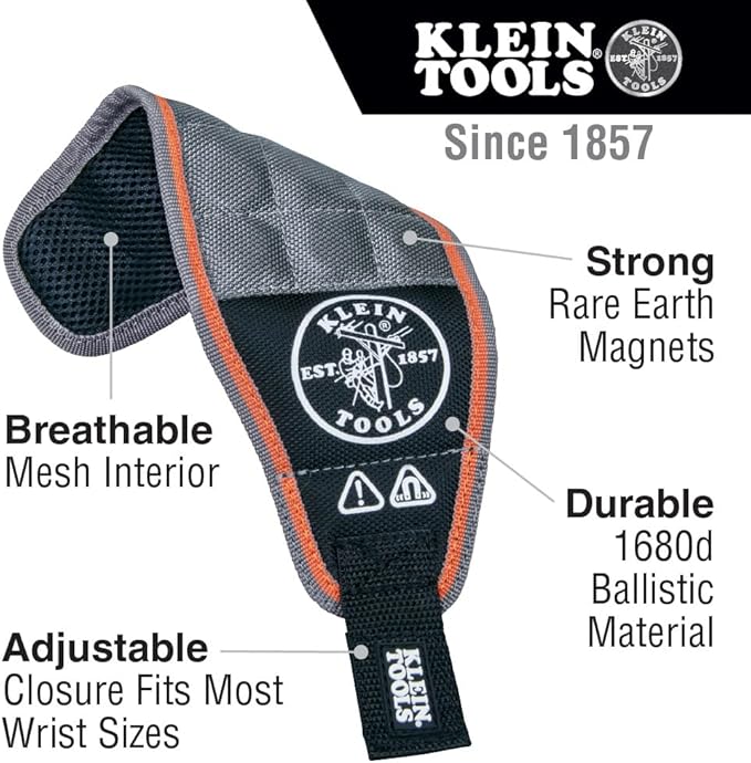 Klein Tools 55895 Magnetic Wristband, Tradesman Pro Tool Wristband Holds Wire Connectors, Screws, Nails, Drill Bits, With Breathable Mesh