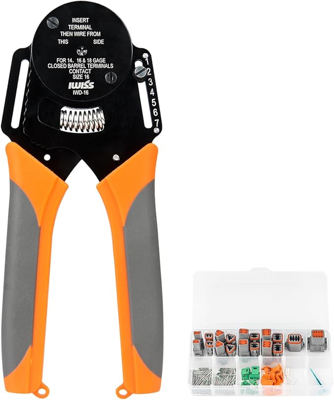 iCrimp Closed Barrel Crimper 4 Way Indent,8 Impression Type Deutsch Crimper for Solid Contacts Gage 14,16&18(IWD-16) with DT Connector Kit