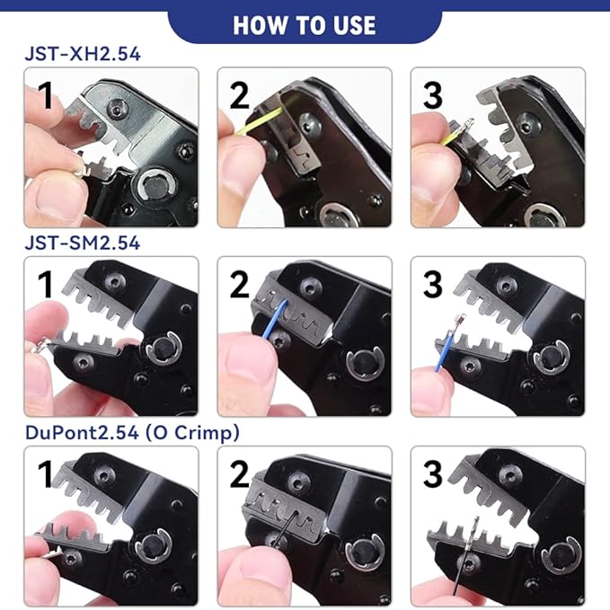 HKS 28–20 AWG Ratcheting Open-Barrel Crimping Tool for JST XH/SM/PH, Molex KK/PicoBlade, O-Shape Crimp for Dupont 2.54 mm, D-Sub & U-Barrel – HKS SN-2054