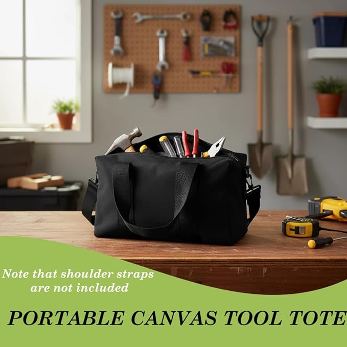 Canvas Wide Mouth Tool Bag, Large Capacity Tool Bags for Men, Portable Home Tool Organizer for Storage Handbag for Screwdrivers, Wrench, Plier, Nails, Pliers Repair Hand Tools (Black, 12 Inch)