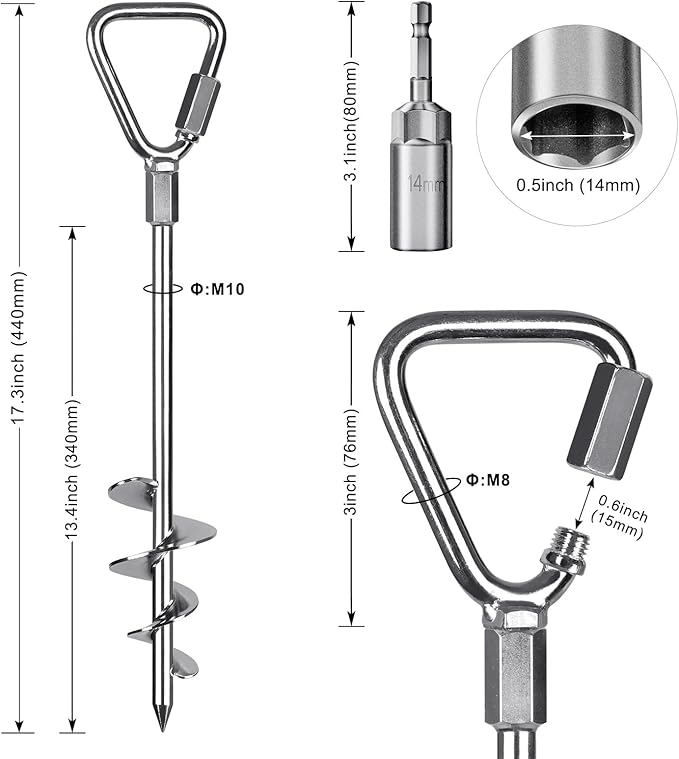 17" Heavy Duty Ground Anchors Screw in - 4 Pack Chrome Plated with Reinforced Triangle Bracket for Trampoline, Swing Set, Shed, Mobile Home, Carport - High Wind Resistance for All Soil Types