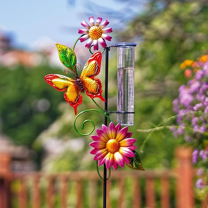 Rain Gauge Outdoor, Butterfly Rain Gauge, Decorative Rain Measure Gauge with Metal Stake, 7" Tube Rain Measure Tool for Yard