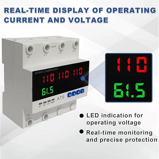 4P Automatic Transfer Switch with LCD Display, 63A Triple Power ATS with 4 Digital Displays for Input & Output Real-Time Volrage Monitoring, Automatic Changeover for Utility/Generator/Solar