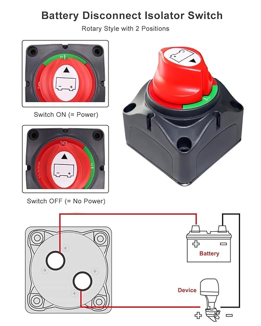 Battery Disconnect Switch Isolator, 12V-48V On-Off Power Cut Master Shut-Off Switch with 2 AWG x 3/8” Ring Terminals & 3:1 Heat Shrink for Marine Camper Trailer RV Boat Automotive