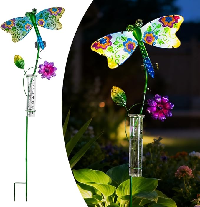 Solar Rain Gauge Outdoor, Dragonfly Rain Gauge, 7 Inch Tube Decorative Rain Measure Gauge, Metal Rain Measure Tool for Garden, Lawn Ornaments