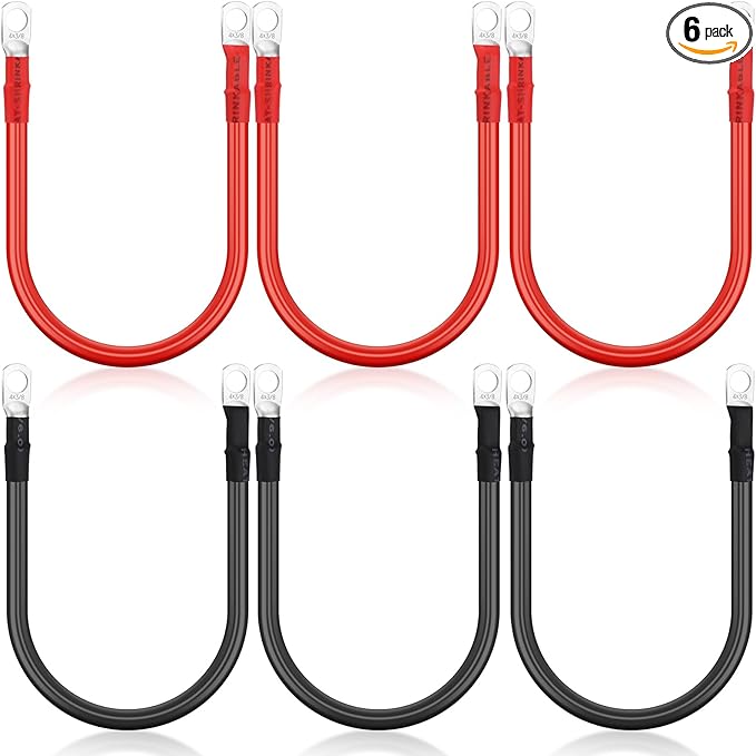 Hoteam 6 Pcs Battery Cable Copper Battery Inverter Cables with Terminals 3/8 Inch Lugs Red and Black Both Ends Power Inverter Wire for Solar Motorcycle Automotive RV Car Boat Marine(4awg,1ft)