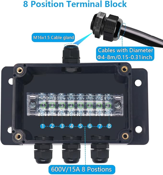 Project BoxI P67 Outdoor Waterproof Box Electronic Junction Box with 15A 600V 8P Barrier Terminal 1IN/3Out Electrical Boxes 3.9x2.7x2 inch