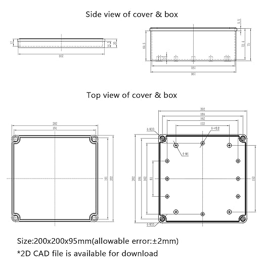 Junction Box，7.9"x 7.9"x 3.7" Outdoor Electrical Box with Mounting Plate, IP67 Dustproof Waterproof ABS Plastic Project Box, DIY Electrical Enclosure Gray (200x 200x 95 mm)