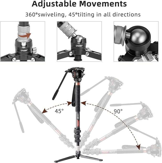 Cayer Monopod Camera Stand, Carbon Fiber Telescopic Monopods Kit with Video Fluid Head and Folding Support Base, 1 Extra Sliding Plate, for DSLR Video Cameras & Camcorders, CF34, 72 Inch