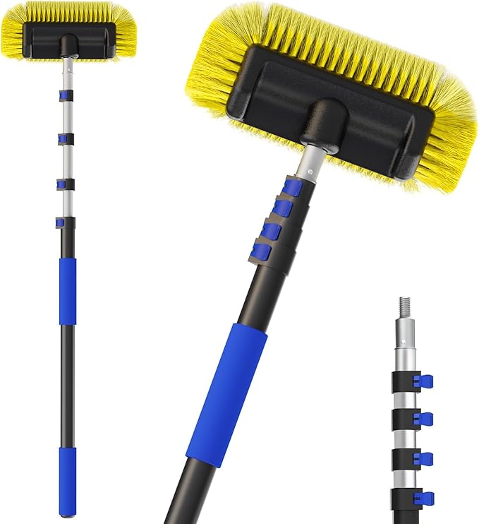 Buyplus 26FT Reach Car Wash Brush with Long Handle, 12-Inch Soft Bristle Head, Truck Wash Brush with 5-20FT Telescoping Pole, Car Washing Brush for Cleaning Car, SUV, RV, Boats, Solar Panels Blue