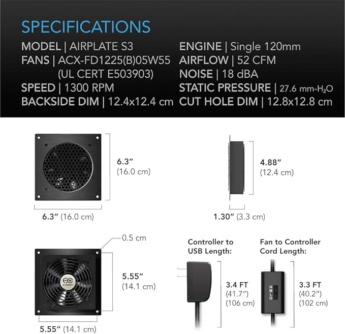 AC Infinity AIRPLATE S3, Quiet Cooling Fan System 6" with Speed Control, for Home Theater AV Cabinets (Pack of 2)