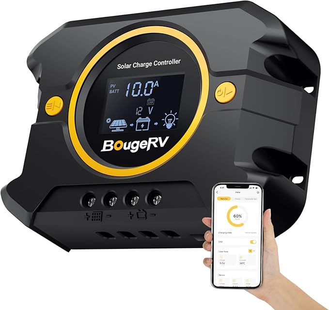BougeRV Li 10A PWM Solar Charge Controller 12V 24V, Solar Panel Regulator w/ Backlit Display, USB Port, Adjustable Parameter, for Lithium, AGM, SLD, Gel Battery, for RV, Off-Gird, Negative Ground
