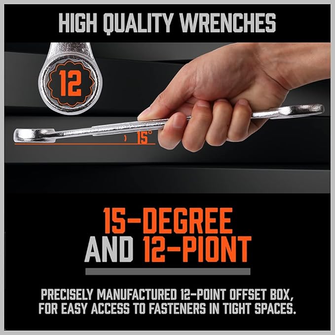 HORUSDY 26-Piece Durable Combination Wrench Set with Roll-up Pouch, Open End Wrench Set for General Household, Garage, Auto Repairs, SAE 1/4” - 1” and Metric 8mm - 24mm
